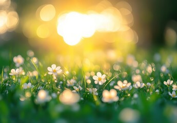 Obraz premium Glowing Sunshine Over a Field of Delicate White Flowers and Green Grass Captured in Soft Focus with Enchanting Bokeh Effect in a Serene Natural Setting