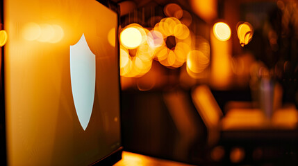 Close-up of a digital screen with a pop-up ad blocked by a shield icon, symbolizing ad-free browsing and online privacy protection in a modern workspace setting.