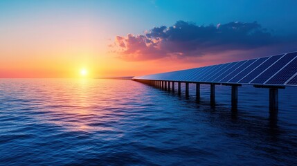 Obraz premium Serene Sunset Over Solar Panels on Water with Brightly Colored Skies