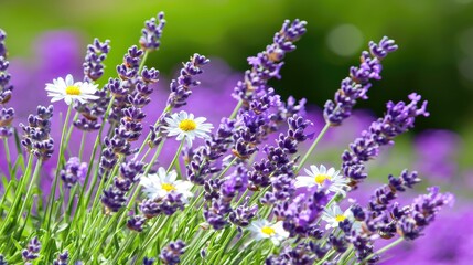 Naklejka premium Lavender and Daisy Blooms in Sunlit Flower Garden
