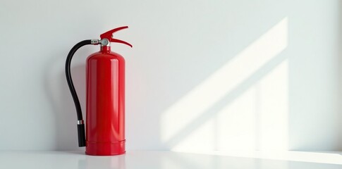 Obraz premium Red fire extinguisher on sleek white wall, modern office sunlight , wall mounted, wall, bright