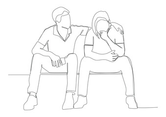 One line art of man supports a friend, a guy put his hand on a friend's shoulder.