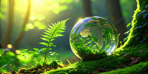 Eco-Friendly Nature Concept with Glass Earth in Forest