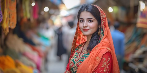 Obraz premium Elegant Young Woman in Traditional Dress Smiling in Local Market