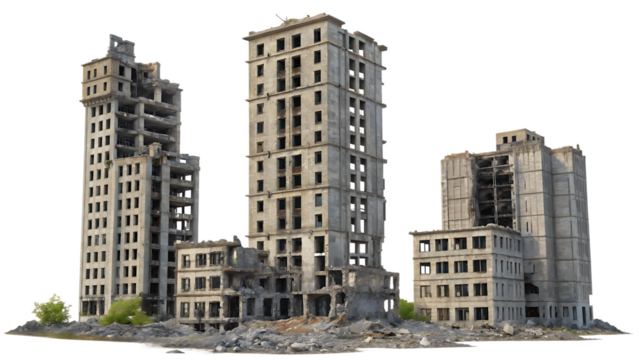 Abandoned and Ruined Skyscrapers - Isolated on White Background as Transparent. PNG. AI GENERATED