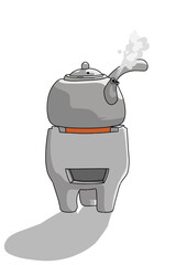 Obraz premium Natural clay teapot on a burning charcoal stove on white background.kitchen tools. Teapot