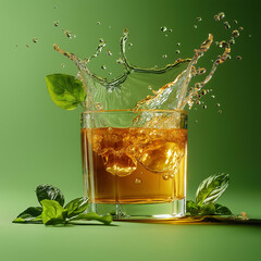 Refreshing splash of beverage with ice and basil leaves on green background