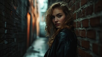 Fototapeta premium Young Woman in Urban Alley with Dim Lighting and Brick Wall