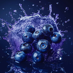 Fresh blueberries splashing in water, creating vibrant purple droplets. image captures essence of freshness and vitality, showcasing juicy texture and rich color of berries