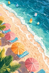 tropical beach scene with colorful umbrellas sun loungers and crystal blue ocean waves, relaxing summer holiday illustration expressing beauty of seaside vacation in vibrant tropical beach scene 