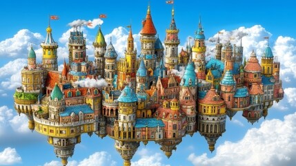 Obraz premium Whimsical Sky Citadel Floating Fantasy Island with Colorful Architecture and Cloudy Backdrop Dreamy Kingdom Digital Illustration