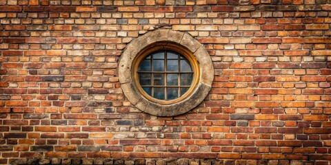 Distressed brick wall with round window, weathered wood, vintage charm, weathered wood