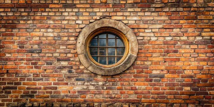 Distressed brick wall with round window, weathered wood, vintage charm,  weathered wood