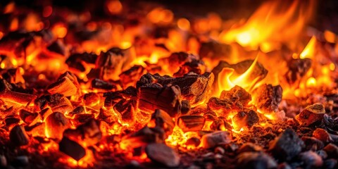 Embers glowing in the dark, fiery embers, intense heat,  fiery embers, intense heat