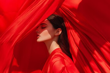 Ethereal Woman Draped in Flowing Red Fabrics in Artistic Portraiture