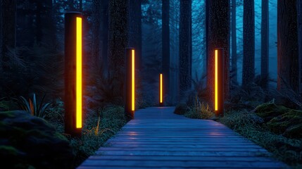 Obraz premium Tranquil Forest Path Illuminated by Soft Orange Lights at Dusk