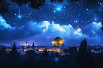 Obraz premium Jerusalem Dome of the Rock at Night Under Starry Sky (1)