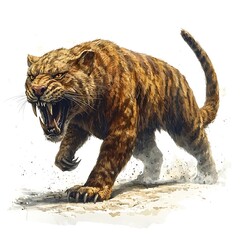Obraz premium A fearsome saber-toothed cat illustration, a powerful prehistoric predator depicted in a dynamic pose.