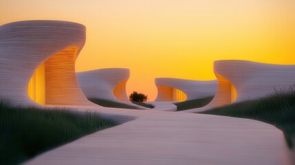 Modern architectural landscape with unique curved structures during sunset