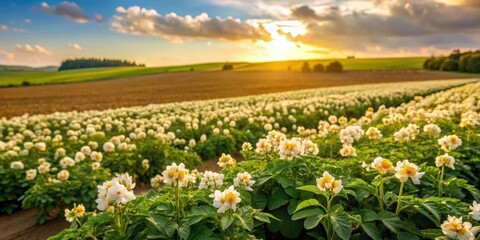 Fototapeta premium Golden hills of potatoes amidst wildflowers, agricultural field