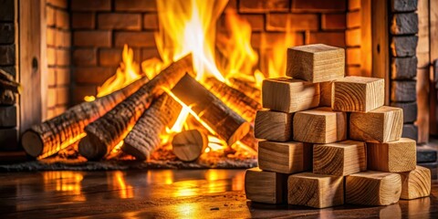 Wooden wood briquettes stacked neatly in a corner of a living room fireplace for heating warmth and ambiance on a cold winter evening