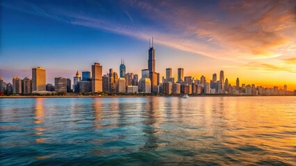Obraz premium Panoramic view of Chicago skyline at sunset over Lake Michigan, tower, chicago, tower,chicago,urban,downtown,lake