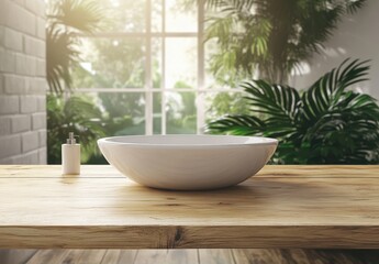 Fototapeta premium Elegant White Bowl Centered on Wooden Table Surrounded by Lush Green Plants in Bright Modern Space with Large Windows and Natural Light Streaming In