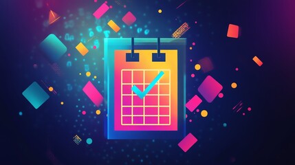 A colorful digital calendar with a checkmark, surrounded by vibrant geometric shapes, representing organization and productivity.