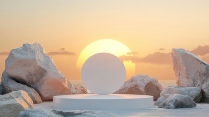 Empty white pedestal on rocks at sunset