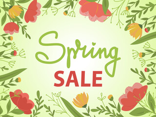 Spring sale design illustration with flowers and text SPRING SALE . Perfect for Easter period