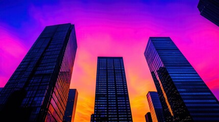 Fototapeta premium Vibrant Sunset Over Urban Skyline with Glass Buildings and Colorful Clouds