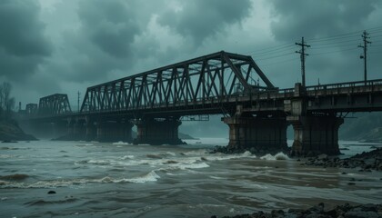 Fototapeta premium Dramatic Overcast Sky Above Industrial Train Bridge in Stormy Weather