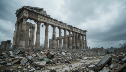 Obraz premium Ancient Temple Ruins Surrounded by Debris Under a Cloudy Sky
