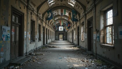 Fototapeta premium Abandoned corridor with peeling walls and scattered debris in ruins