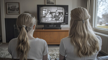 Two Girls Watching a Black-and-White TV