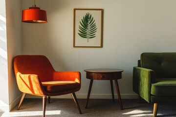 Mid-century modern living room corner, orange armchair, green sofa, sunlit