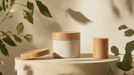 Beige ceramic containers on a light beige pedestal with greenery.  Product photography