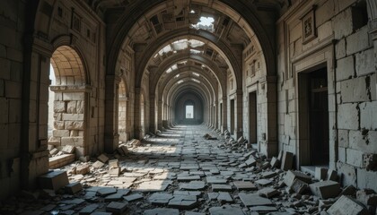 Obraz premium Abandoned Interior of Historic Building with Crumbling Architecture
