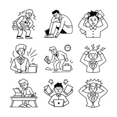 set of  Vector Outline Office Stress and Work Pressure | Burnout, Deadline Anxiety and Workplace Mental Health