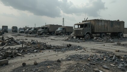 Fototapeta premium Abandoned Military Trucks on a Dusty Gravel Road in Desolate Area