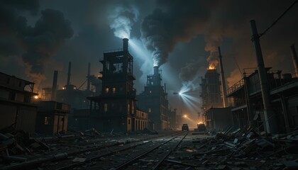 Fototapeta premium Abandoned Industrial Site with Smoke and Shadows at Night