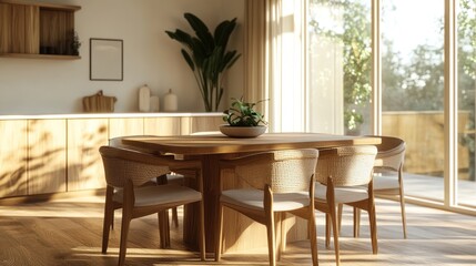 Obraz premium Modern dining room, sunlight, natural wood. Interior design, calm atmosphere