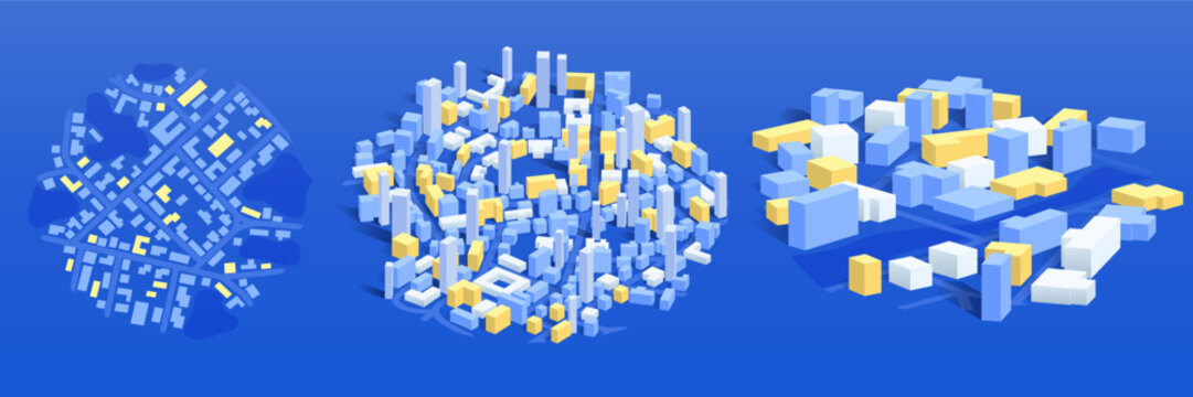Set of 3d map views. Urban planning for development smart city. Isometric city map. Detailed view of skyline with dense infrastructure and architecture. Vector illustration, isolated