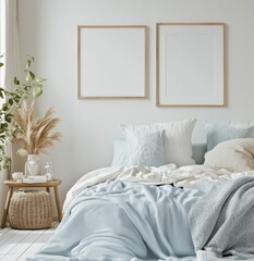 Light & airy bedroom with framed art