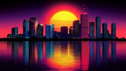 Obraz premium Retro city skyline pixel art reflected on water at sunset with a vibrant color palette captures the essence of synthwave nostalgia