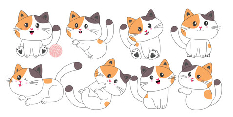 Fototapeta premium Cat drawing character clipart set. Cute cat character in happy pose, playful, adorable smile and cheerful flat icon outline elements group collection with orange and gray pastel color vector 