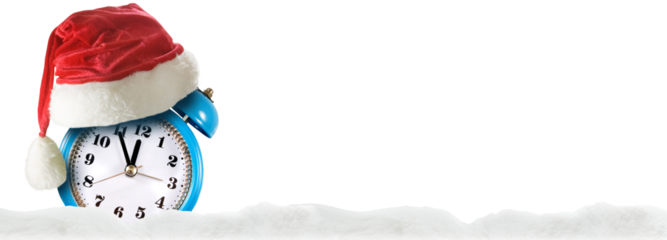 Festive blue clock wearing a santa hat on a smooth snowy background celebrating the arrival of winter holidays