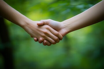 Two hands shaking in a green forest