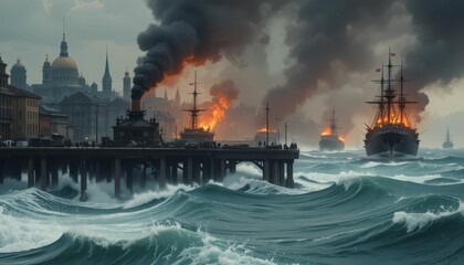 Dramatic Scene of Ships with Smoke and Flames Near Historic City Port