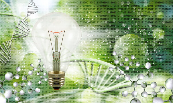 Creative fusion of science and technology showcasing DNA, binary code, and a light bulb illuminating new ideas